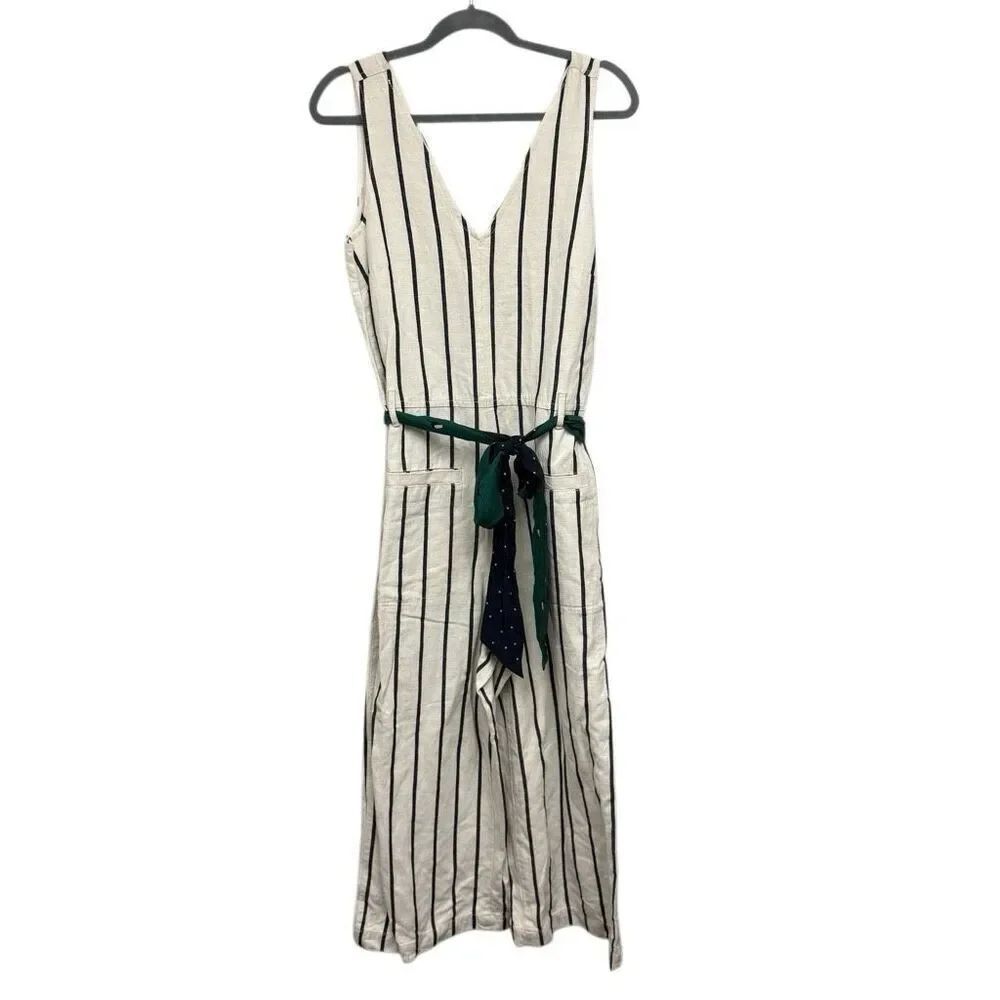 Madewell striped pull-on V-neck linen-blend jumpsuit in ivory/navy with a green